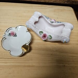 Vintage Antique 2 Hand-painted Floral Porcelain Ashtrays